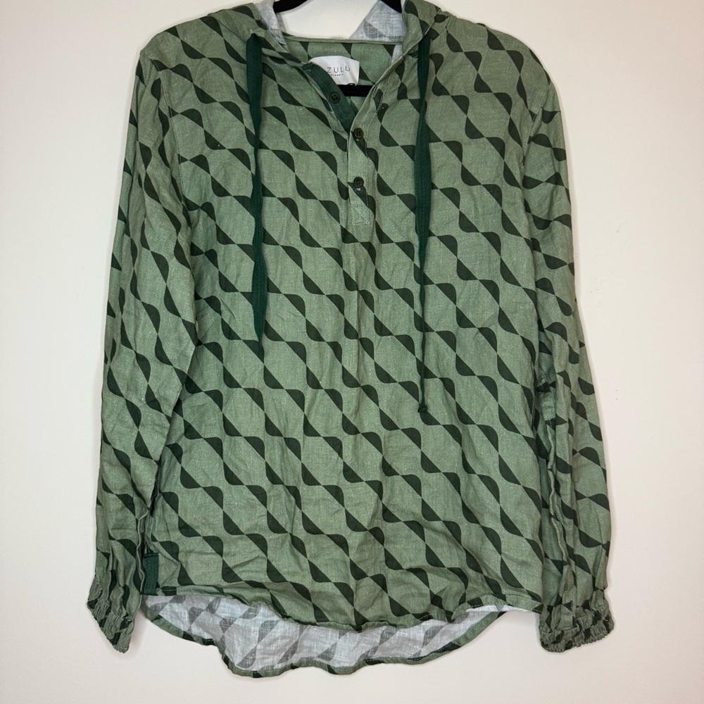 ANTHRO Azulu Colombia 100% Linen Hooded Beachy Quarter Buttoned Pullover Coverup